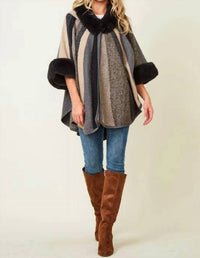 On Blue - Multi Color Stripe Fur Accent Poncho Sweater