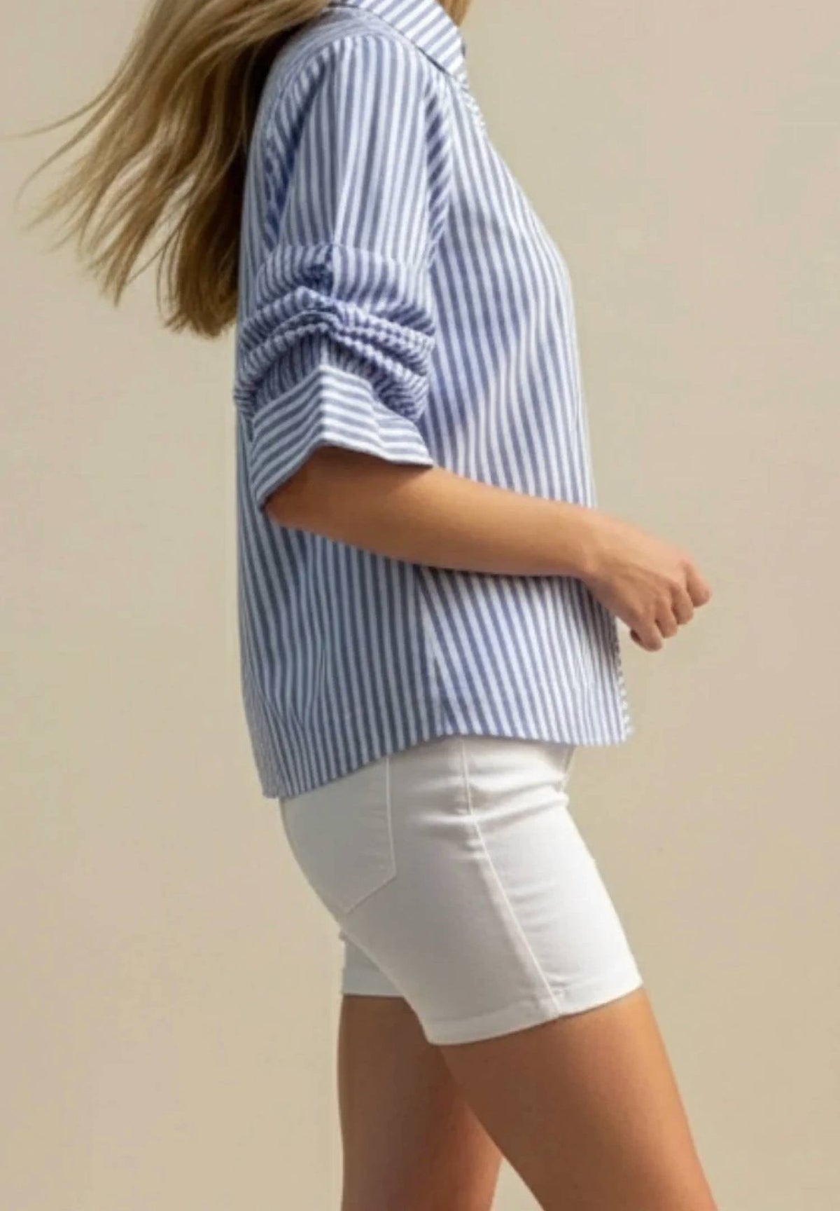 Pinch - Ruched Sleeve Striped Button Down Shirt