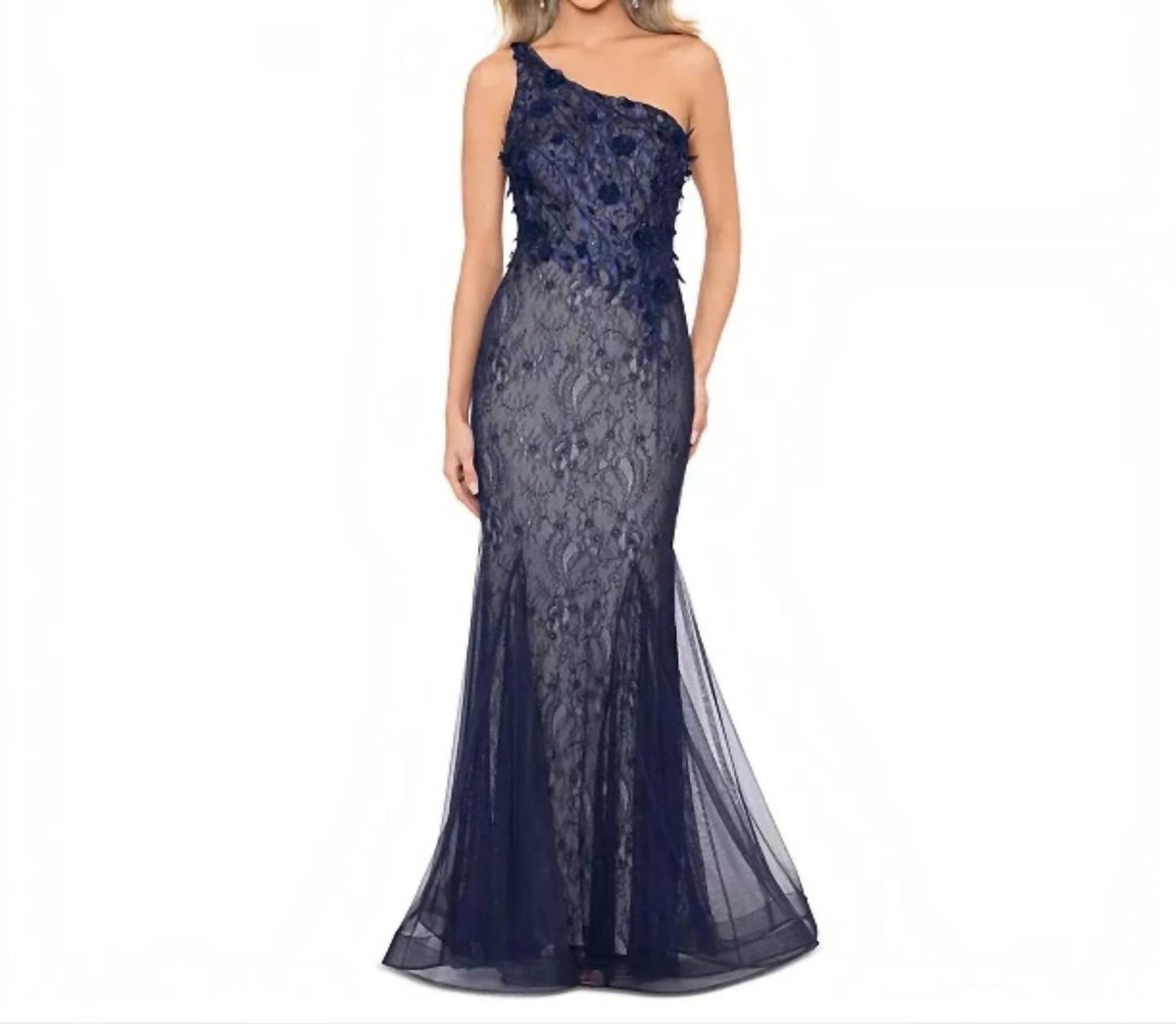 Xscape - Lace Mesh One-shoulder Gown