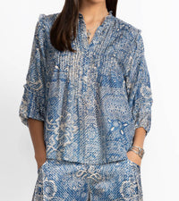 Johnny Was Zeeland Silk Blouse in denim print - women's blouse