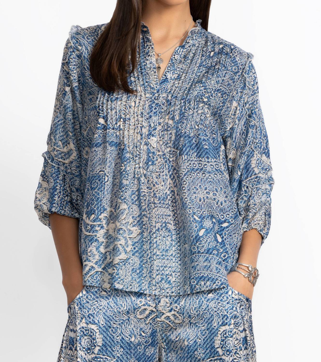 Johnny Was Zeeland Silk Blouse in denim print - women's blouse
