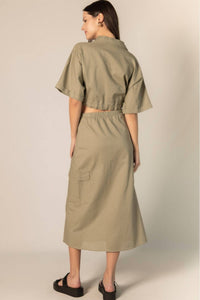 Before You Collection Brynlee Linen Blend Drawstring Top in khaki - women's blouse - alternate view
