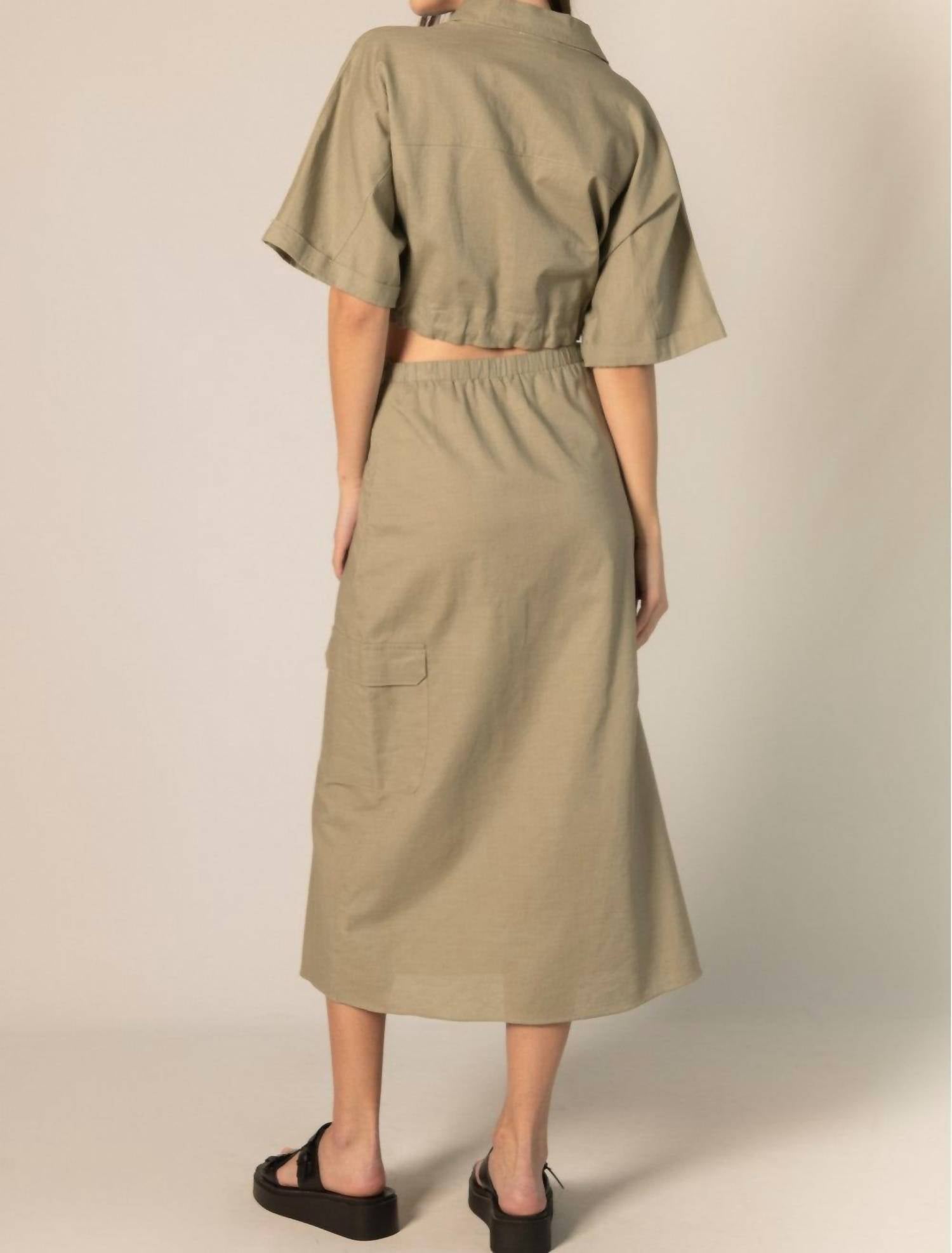 Before You Collection Brynlee Linen Blend Drawstring Top in khaki - women's blouse - detail view