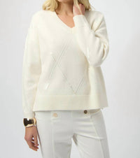 Joseph Ribkoff Sequined V-neck Pullover Sweater Top in winter white - women's sweater
