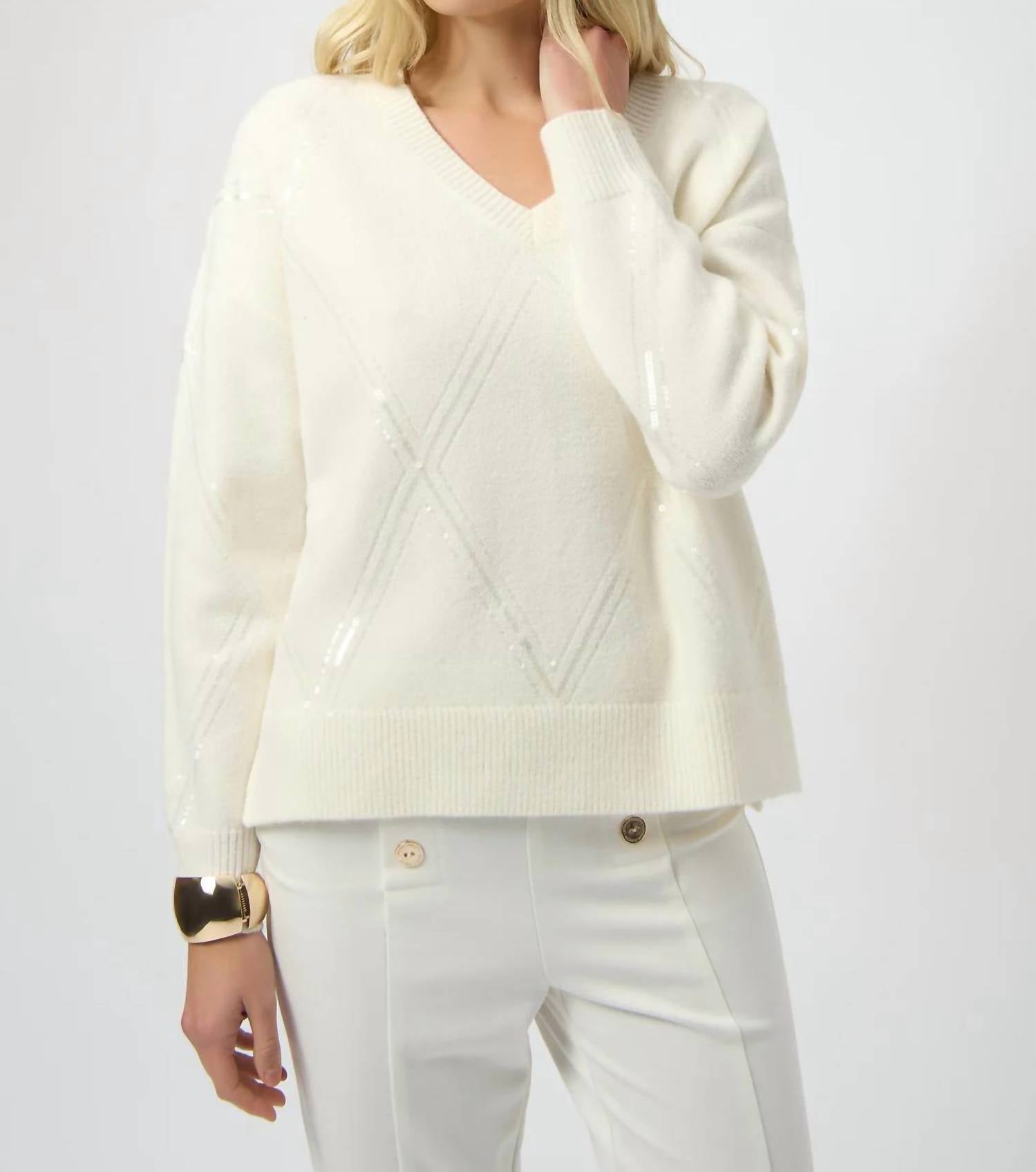 Joseph Ribkoff Sequined V-neck Pullover Sweater Top in winter white - women's sweater