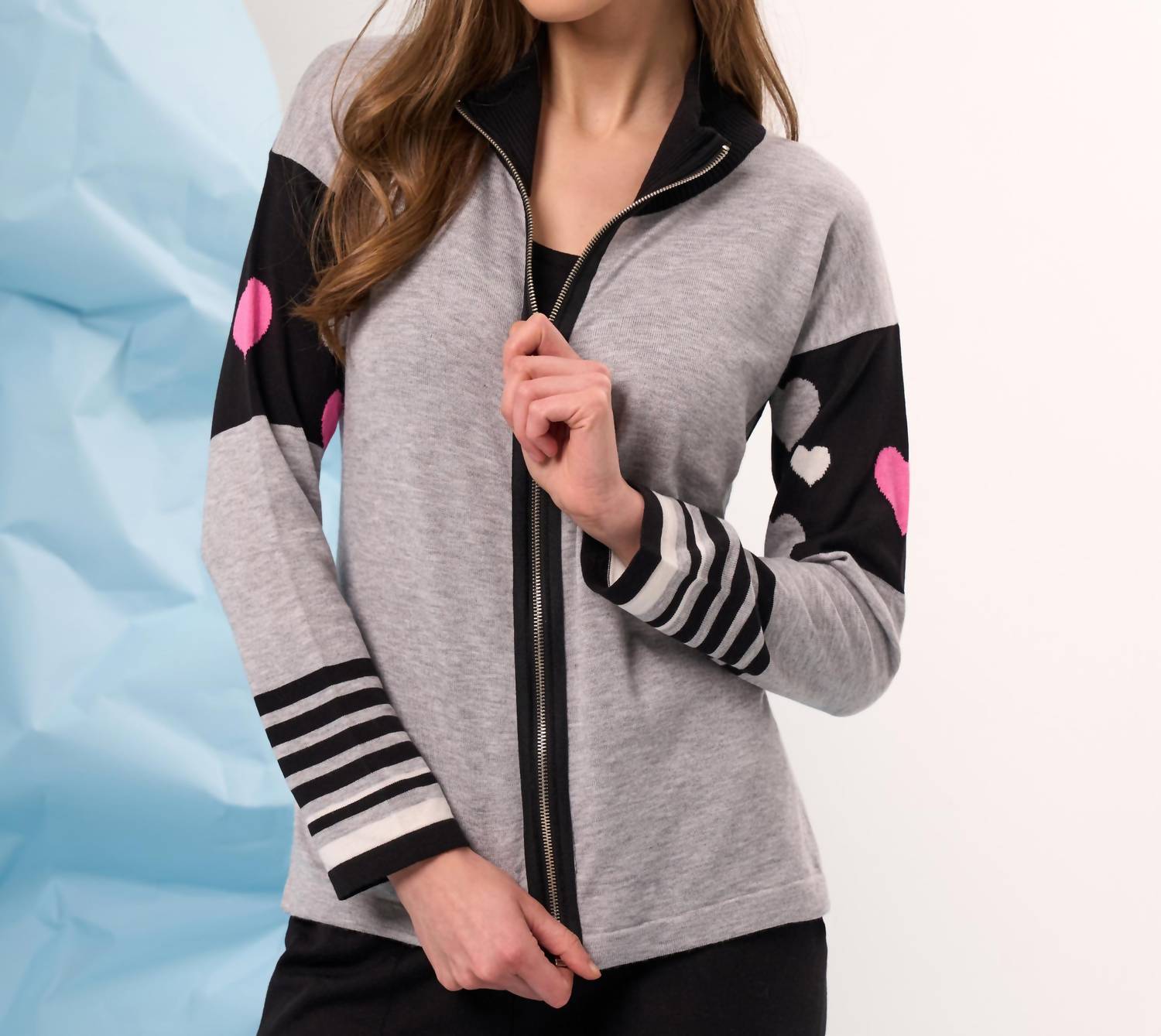 french kyss Heart Detail Zip Up Jacket in slate multi - women's jacket