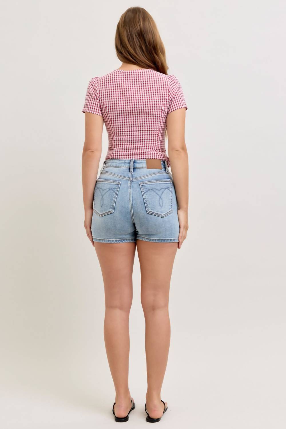 Judy Blue High Waist Slim Denim Short in blue - women's shorts - detail view