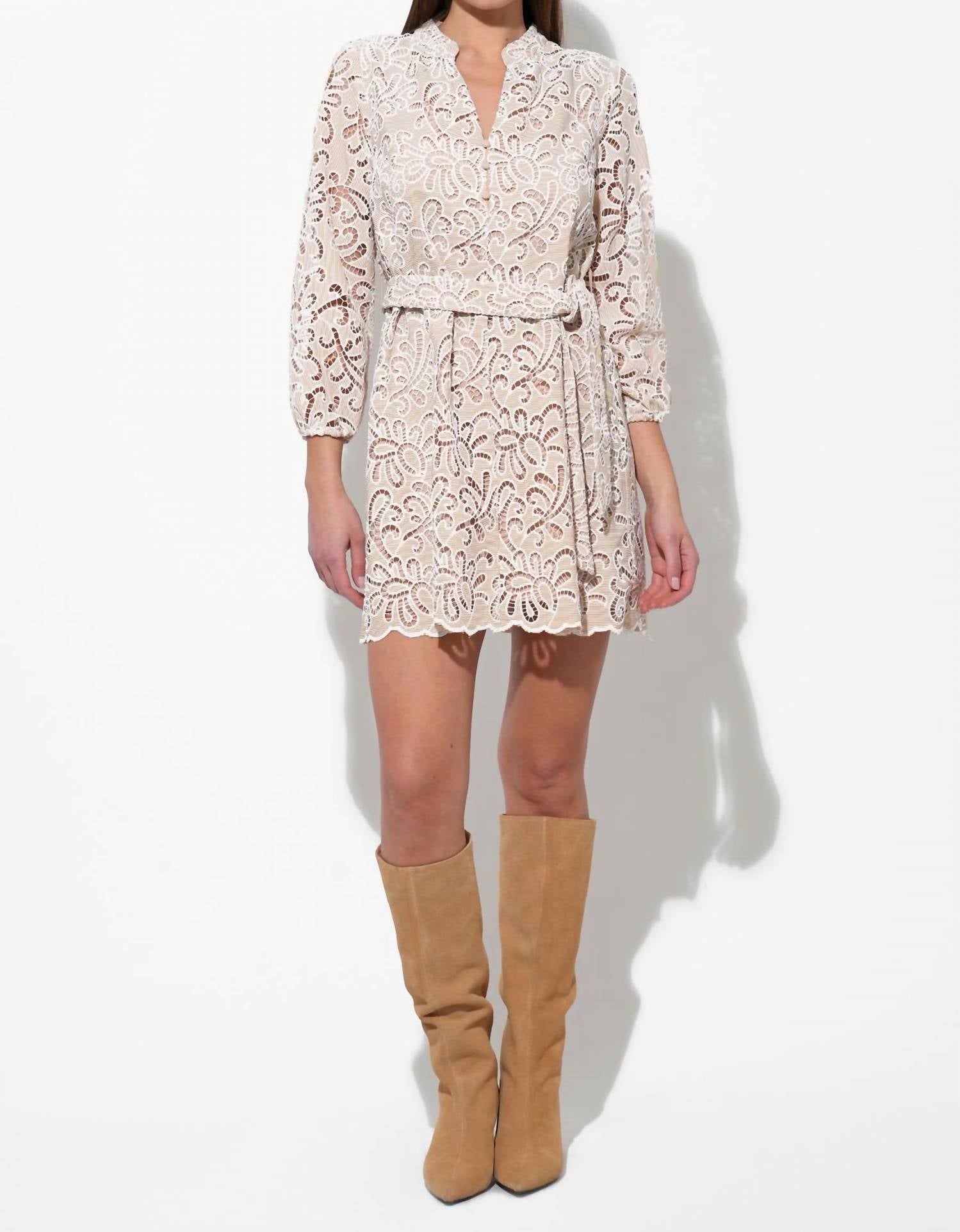 Adelyn Rae - Lina Embroidered Eyelet Scalloped Belted Dress