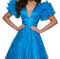 Johnathan Kayne - Puff Sleeve Open Back Glitter Ball Gown