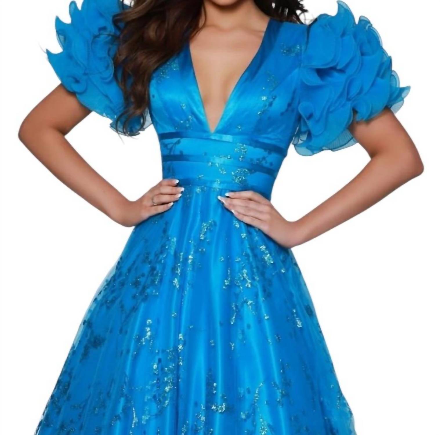 Johnathan Kayne - Puff Sleeve Open Back Glitter Ball Gown