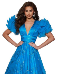 Johnathan Kayne - Puff Sleeve Open Back Glitter Ball Gown