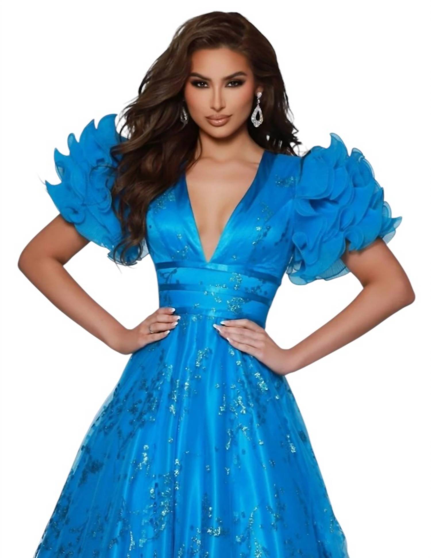 Johnathan Kayne - Puff Sleeve Open Back Glitter Ball Gown