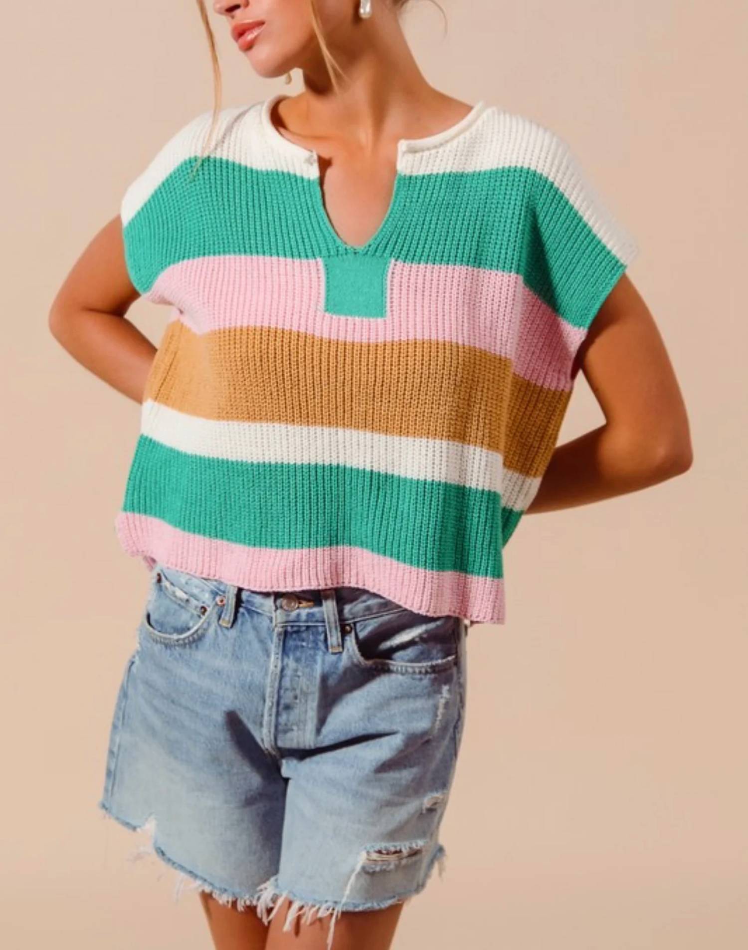 So Me - Stripe Loose Fit Sleeveless Sweater Top