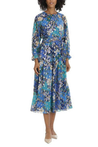 Maggy London - Belted Keyhole Metallic Floral Dress