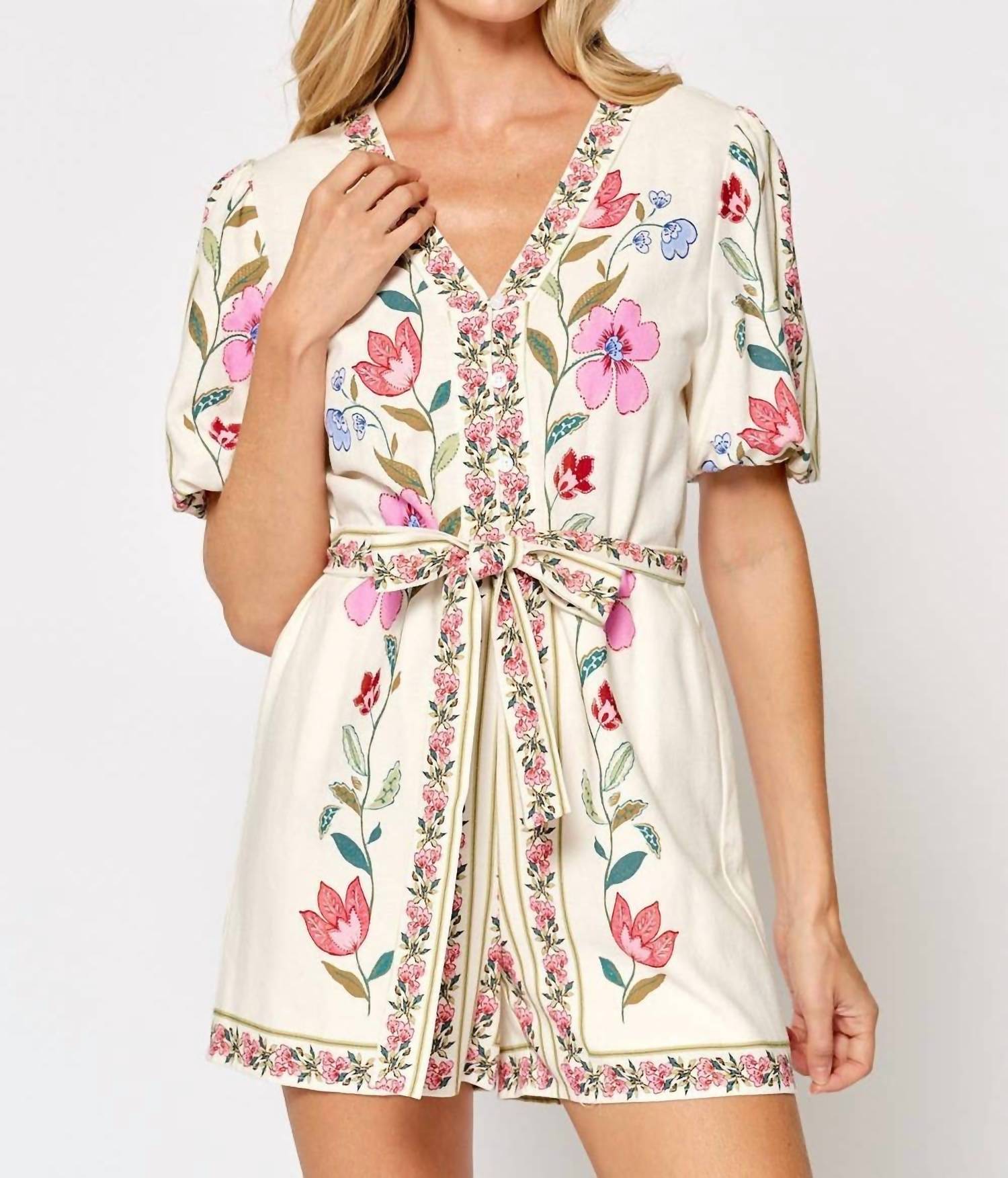 lalavon Floral Tie Waist Puff Sleeve Romper in off white pink multi - women's pants - detail view