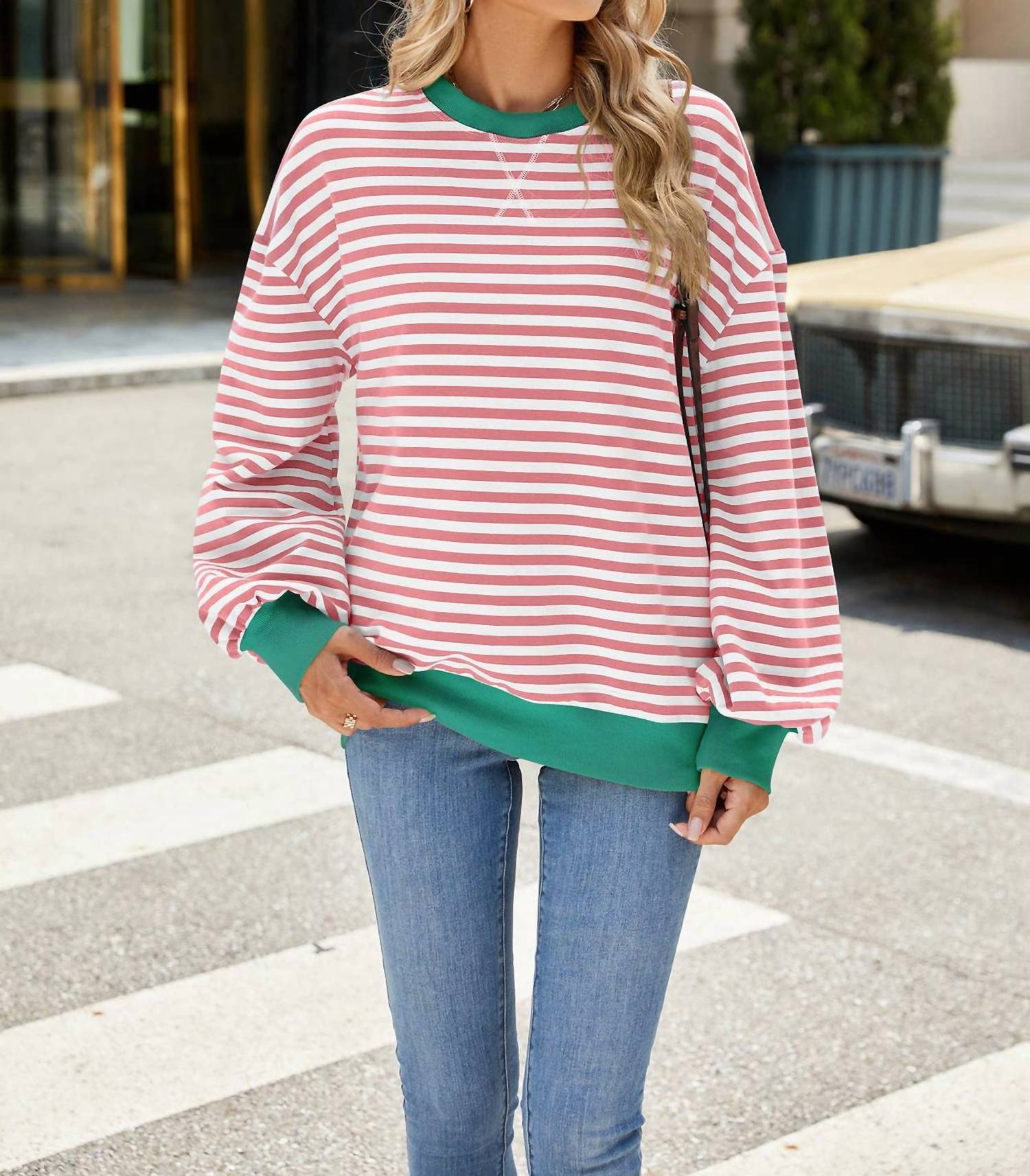 Lily Clothing - Striped Contrast Crewneck Sweatshirt