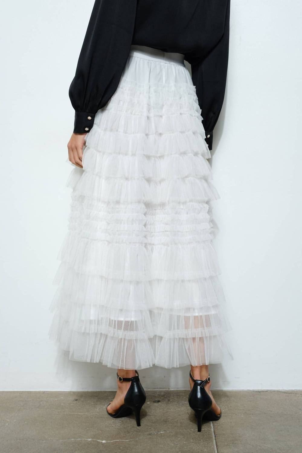 Ina Fashion - High-waisted Tiered Ruffled Tulle Maxi Skirt