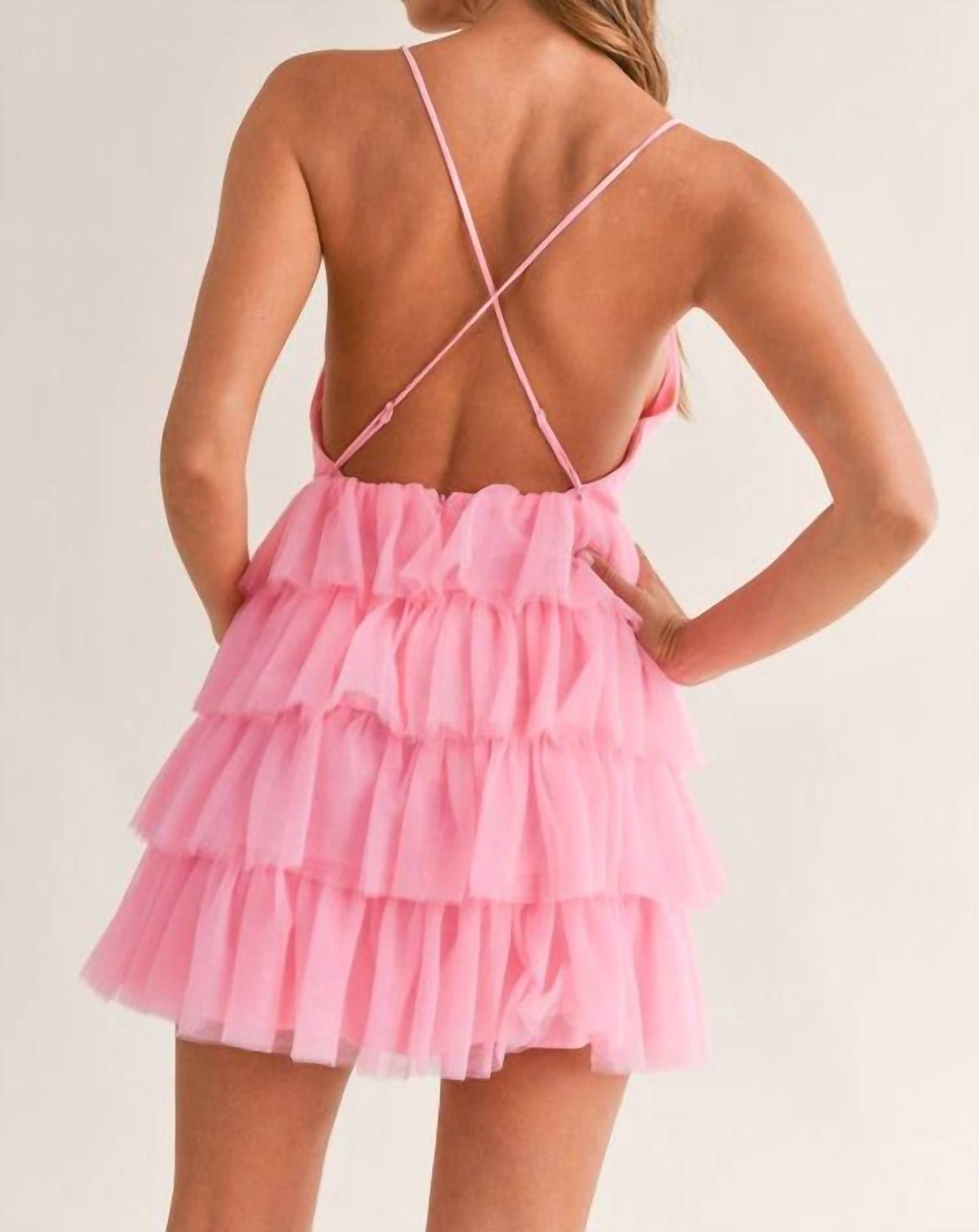 MABLE Tiered Tulle Plunge Dress in pink - women's dress - detail view