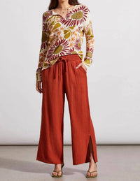Tribal - Long Sleeves Split V-neck Floral Sweater