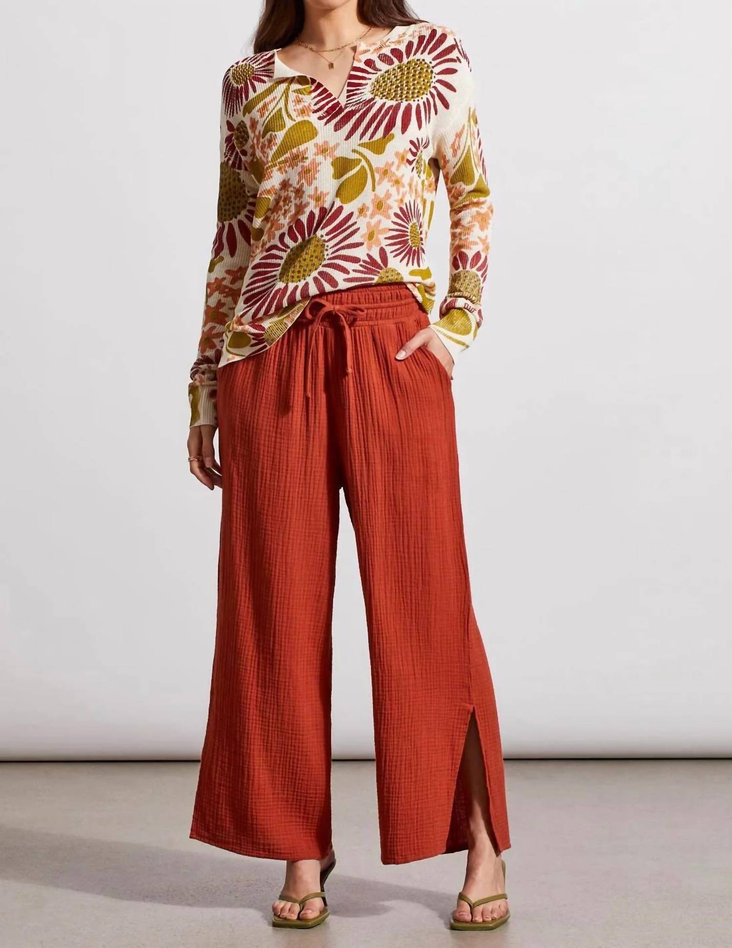 Tribal - Long Sleeves Split V-neck Floral Sweater