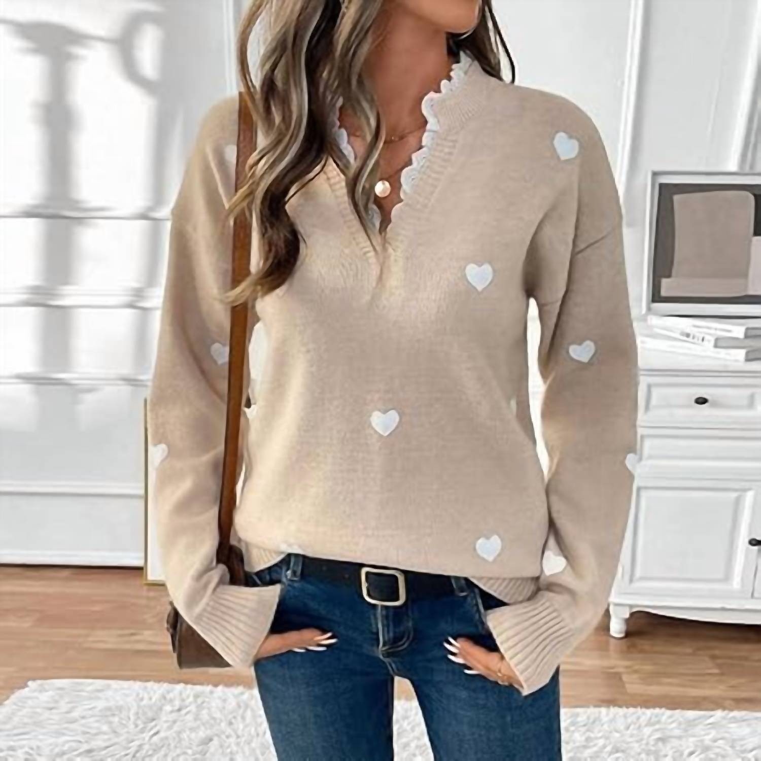 Lily Clothing V-neck Patchwork Lace Collar Sweater in light khaki - women's sweater