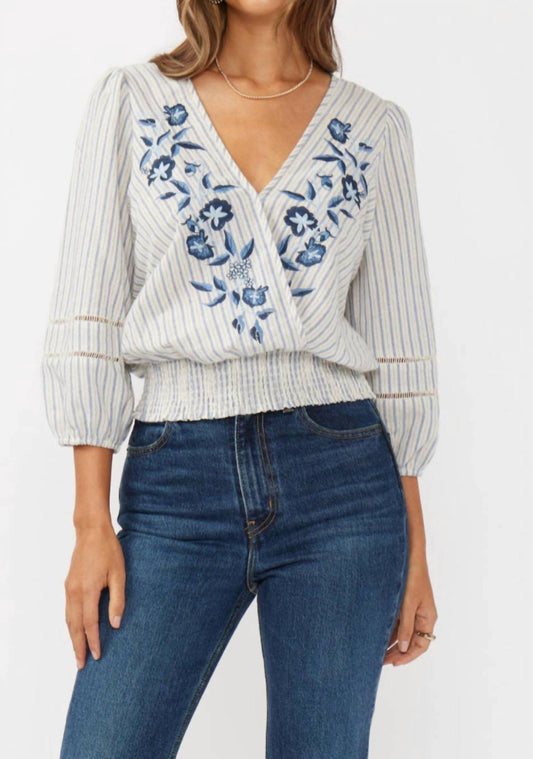 Lovestitch - Embroidered Smocked Waist Stripe Surplice Top