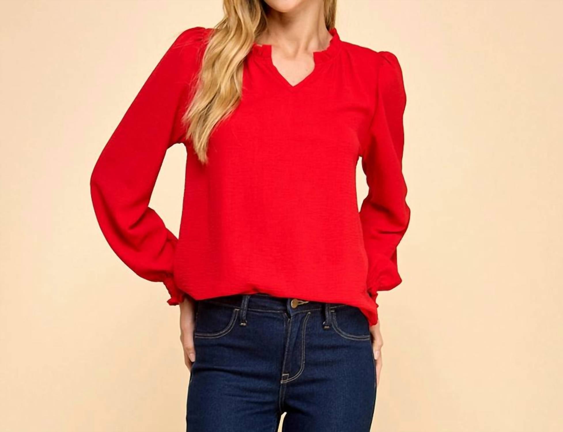 les amis Women's Ruffle V Neck Blouse in red - women's long sleeve top