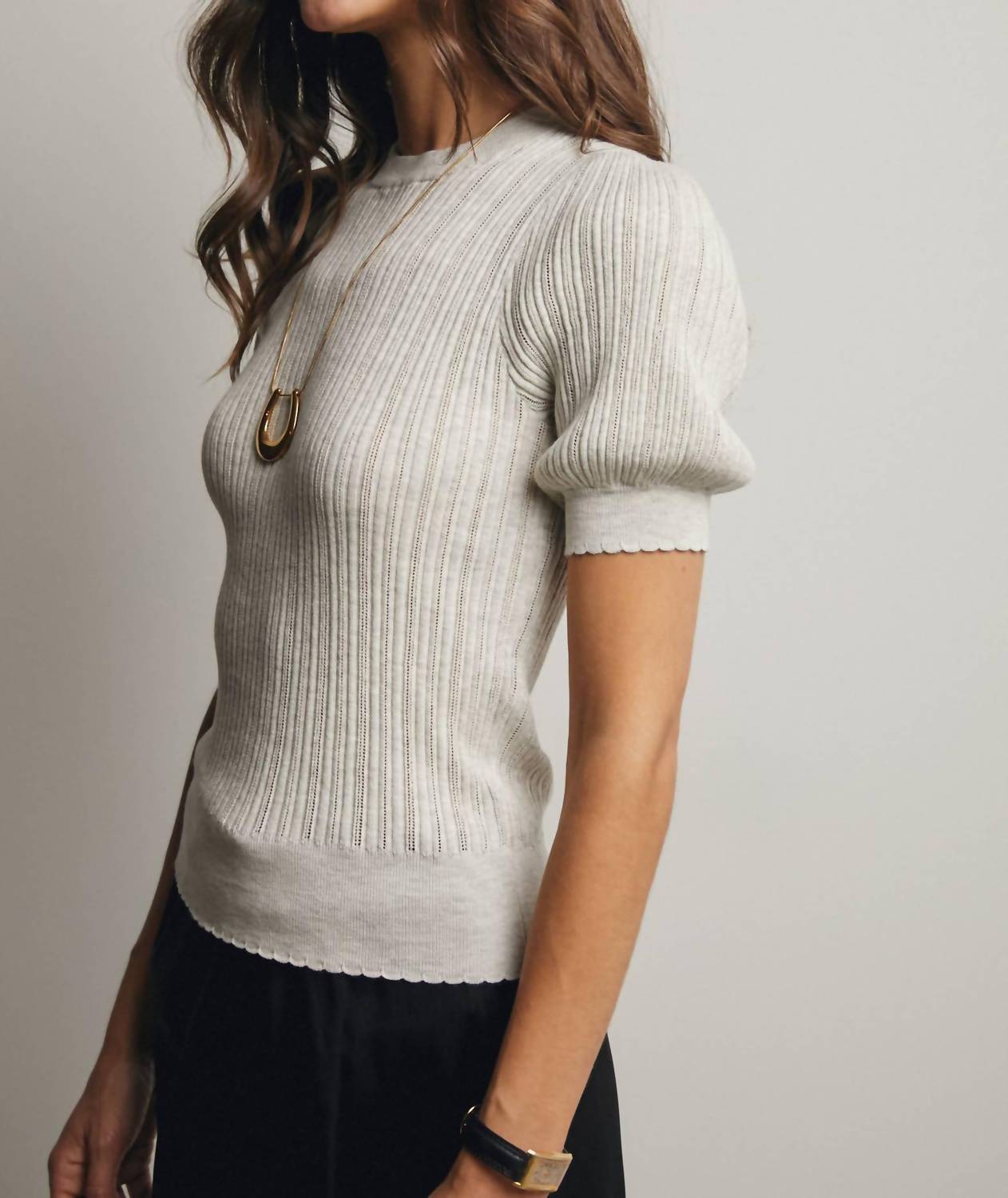 Forte - Textured Knit Puff Sleeve Top