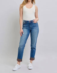 Judy Blue - Mid Rise Plaid Print Cuff Boyfriend Jeans