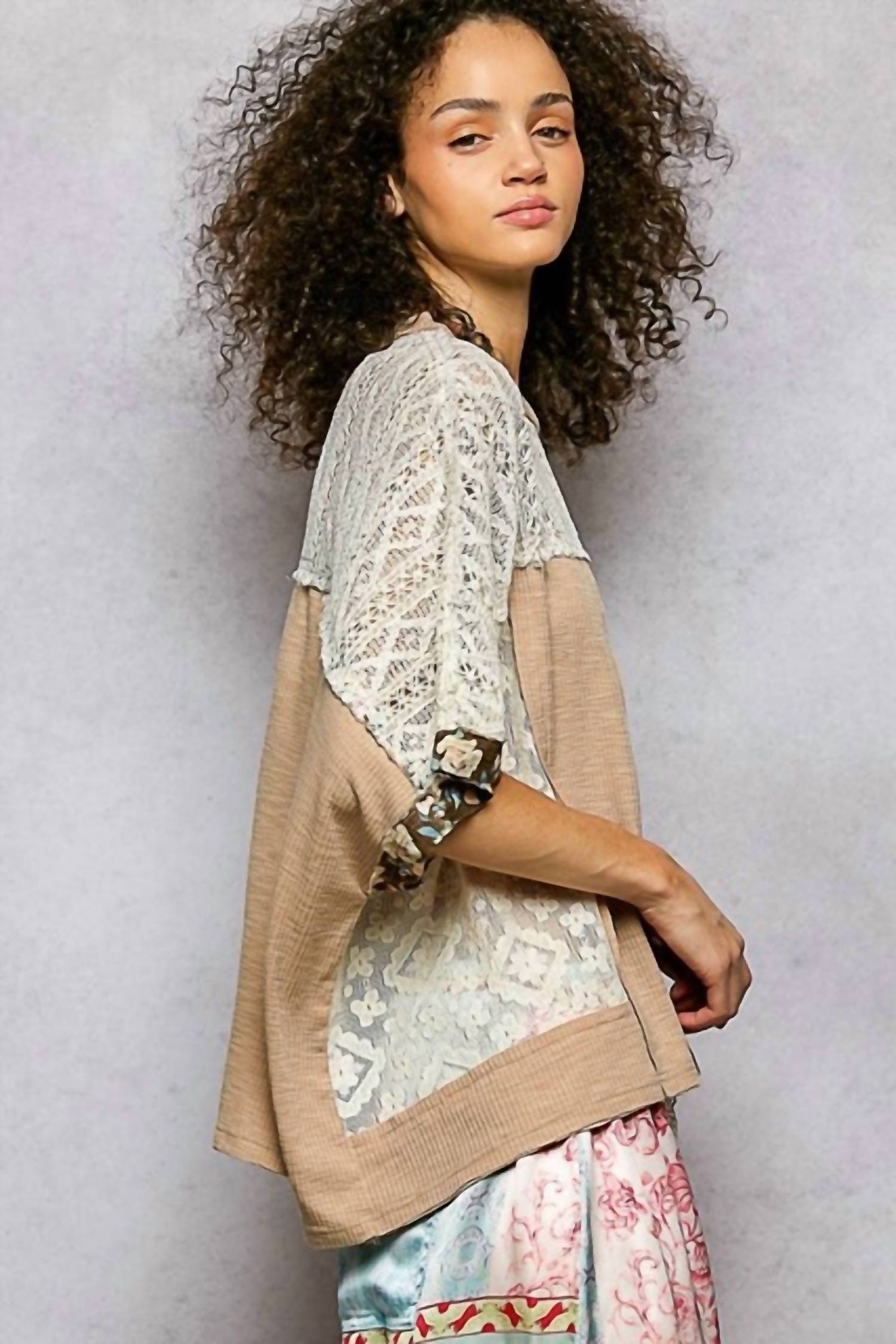 Pol - Round Neck Raw Edge Floral Knit Rib Top