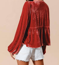 So Me Carmine Velvet Front Tie Peplum Blouse in red - women's blouse - detail view