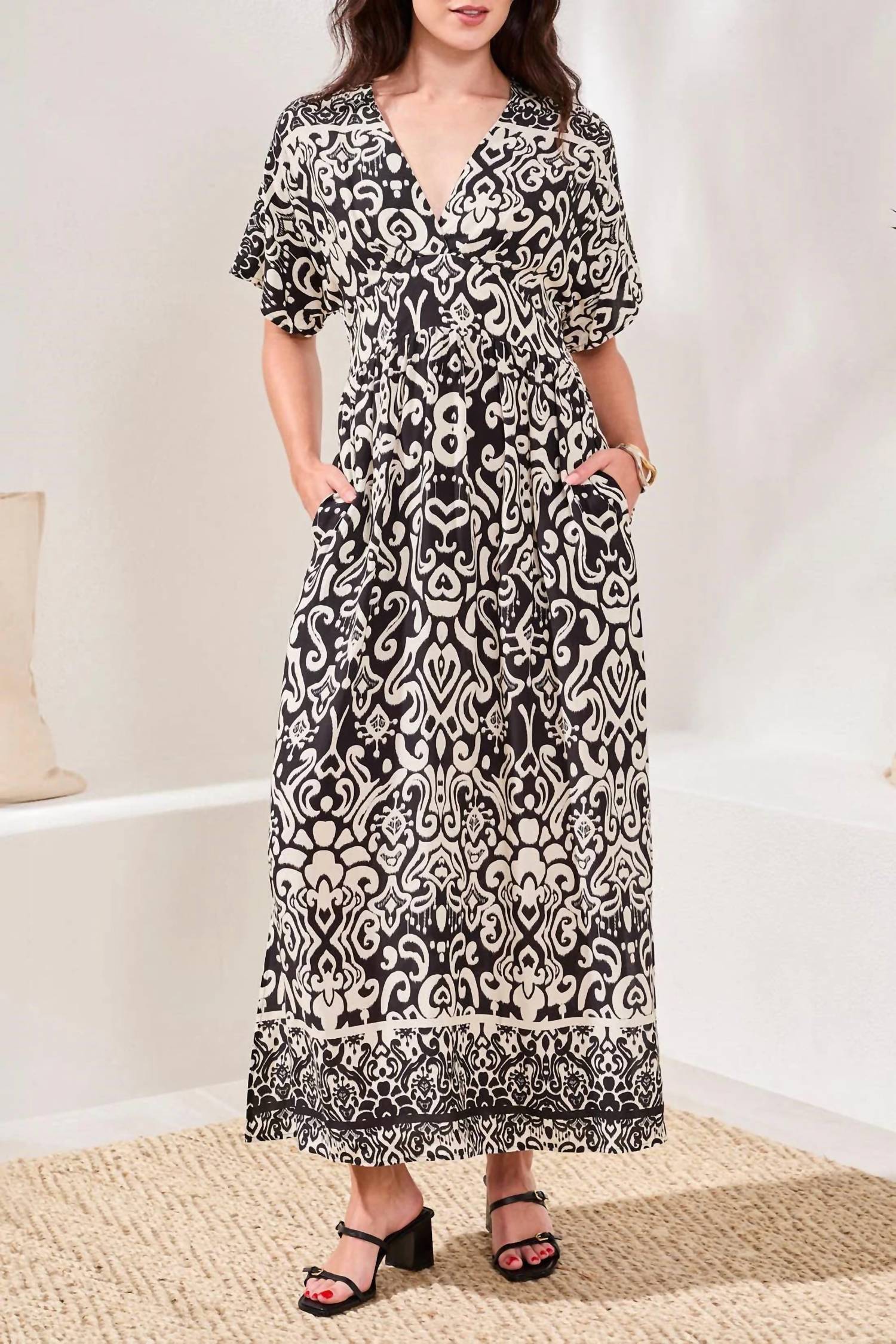 TRIBAL Printed Soft Challis V-neck Empire Waist Maxi Dress in black - women's dress - detail view