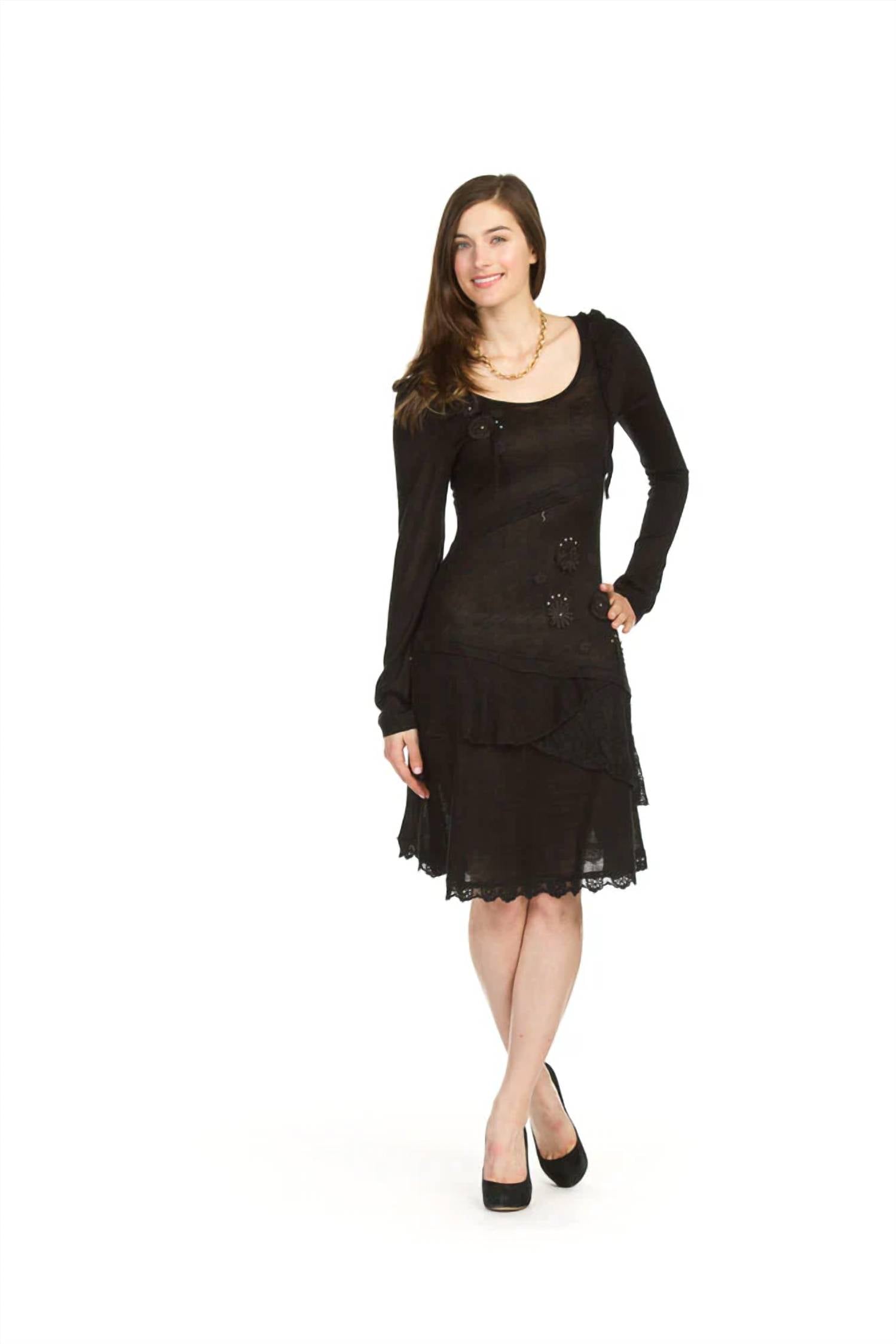 Papillon - Floral Applique And Patch Long Sleeve Dress