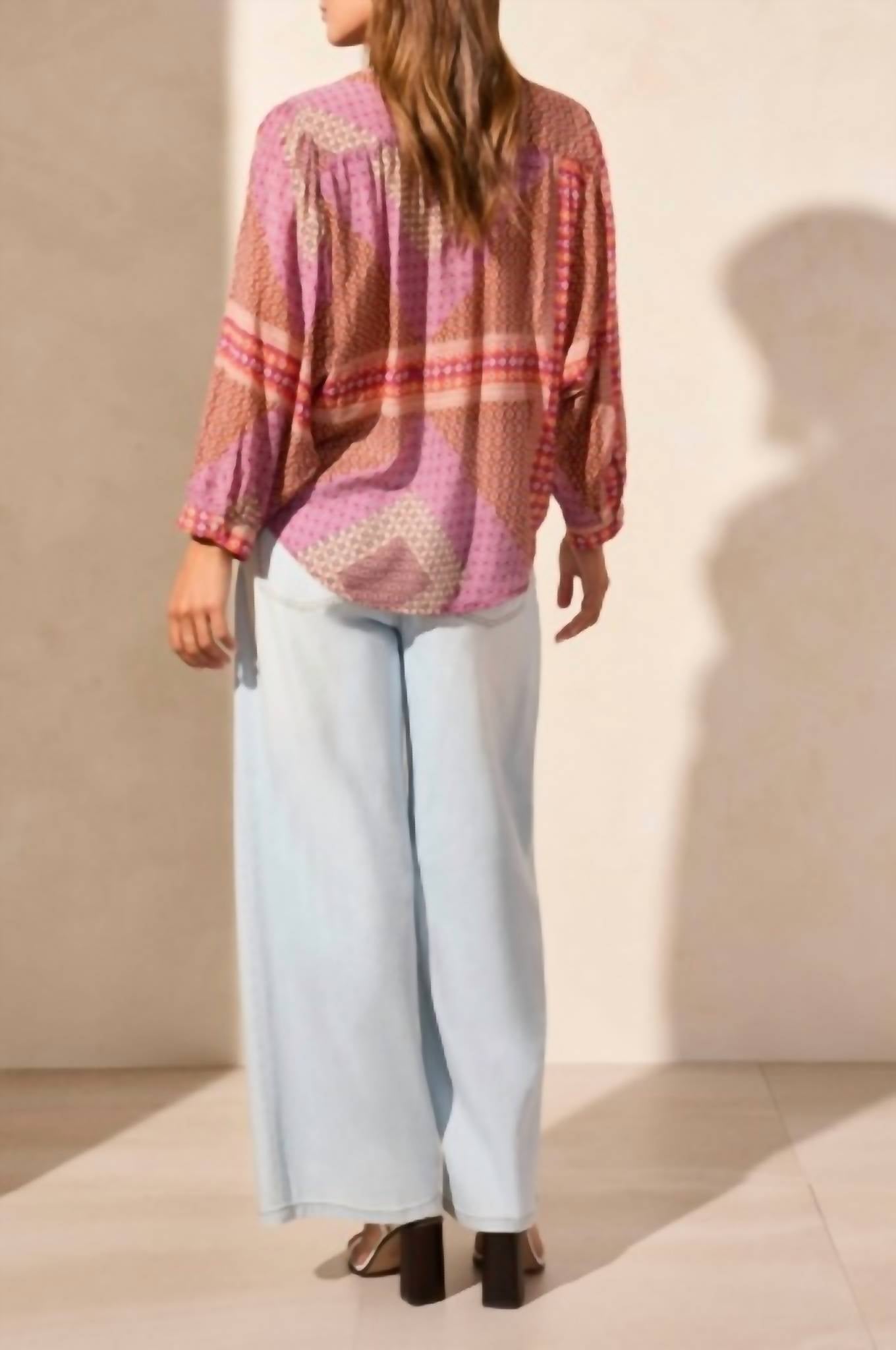 Tribal - Flowy Dolman Sleeve Blouse With Self-covering Buttons