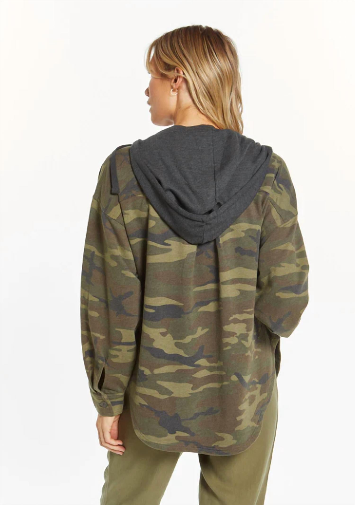 Thread & Supply Hooded Camo Shacket in green - women's top - alternate view