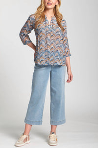 Apny - Print Tassel Split Neck Chiffon Top