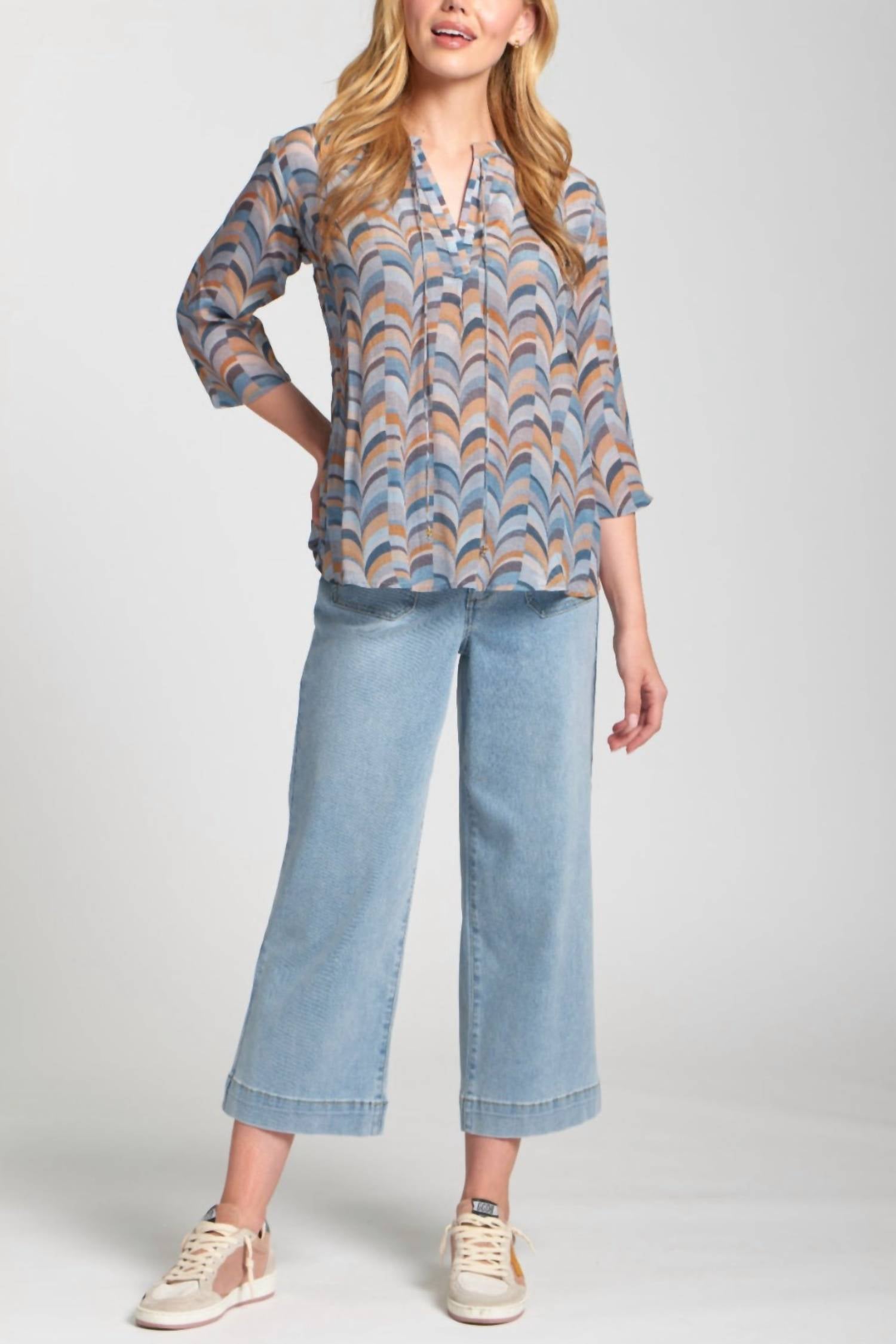 Apny - Print Tassel Split Neck Chiffon Top