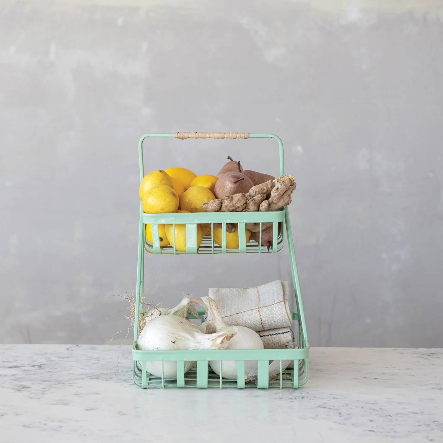 Creative Co-Op - 2-tier Metal Tray With Rattan Wrapped Handle