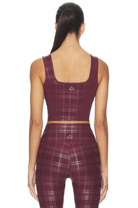 BEYOND YOGA High Cropped Tank Top in plaid foil burgundy - women's tank top - detail view
