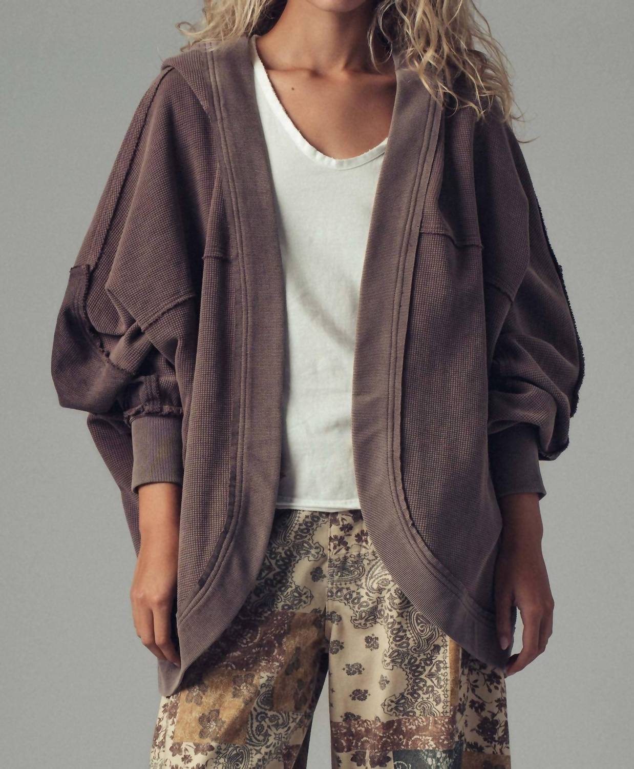 Urban Daizy - Washed Waffle Knit Hooded Cardigan
