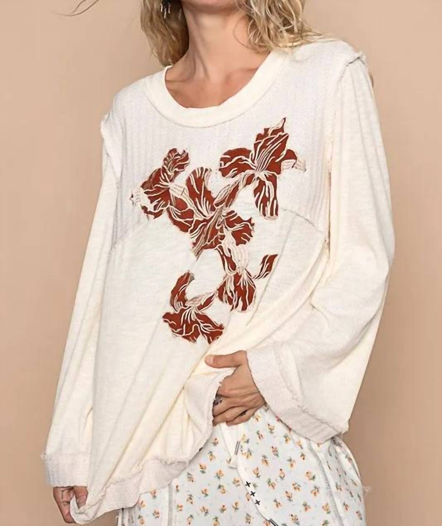Pol - Embroidered Round Neck Long Sleeve Knit Top