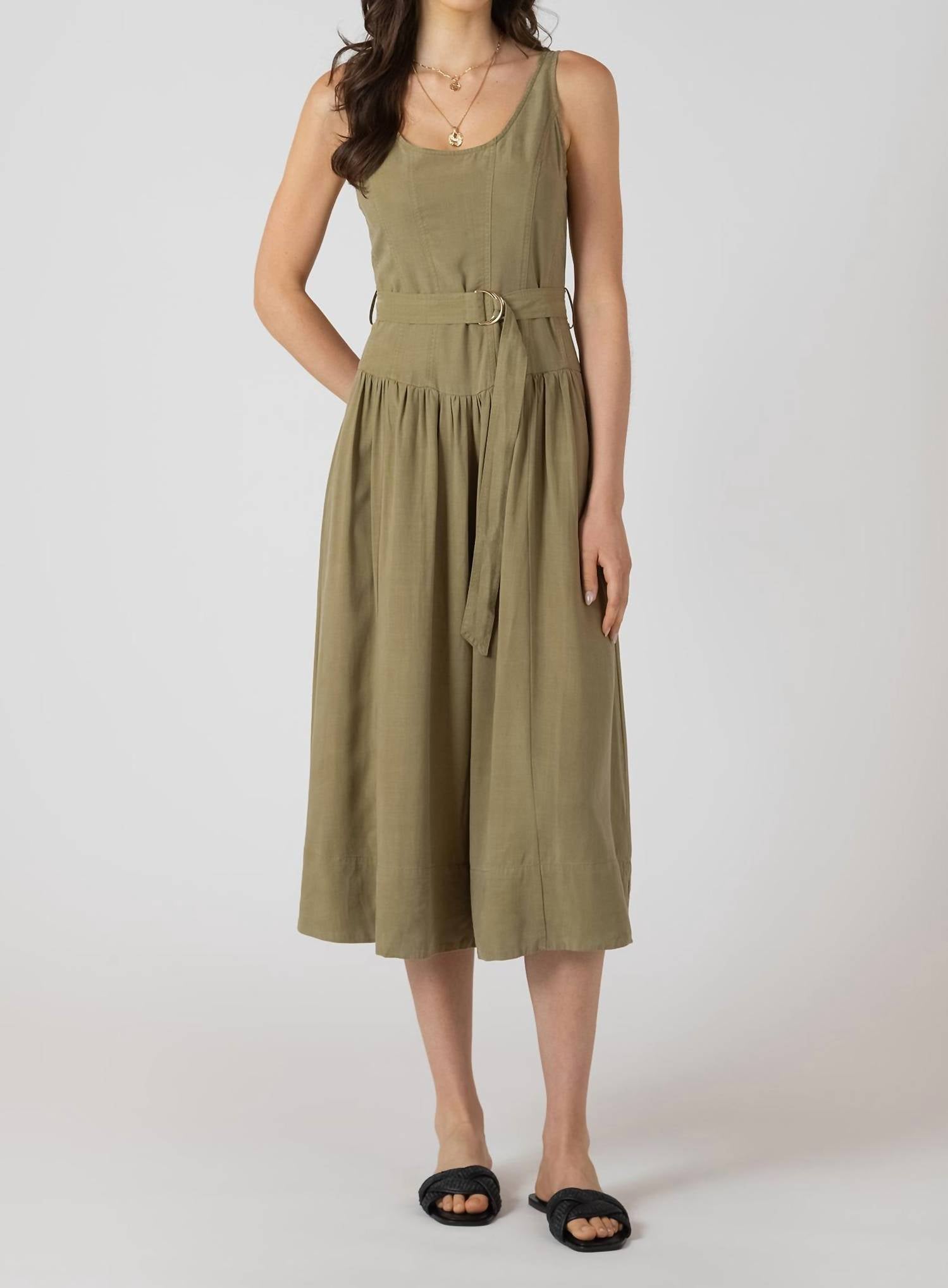 Dex Drop Waist Belted Midi Dress in dusty sage - women's dress - detail view
