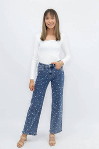 Southern Grace - Pearl Embellished High Rise Wide Leg Jeans