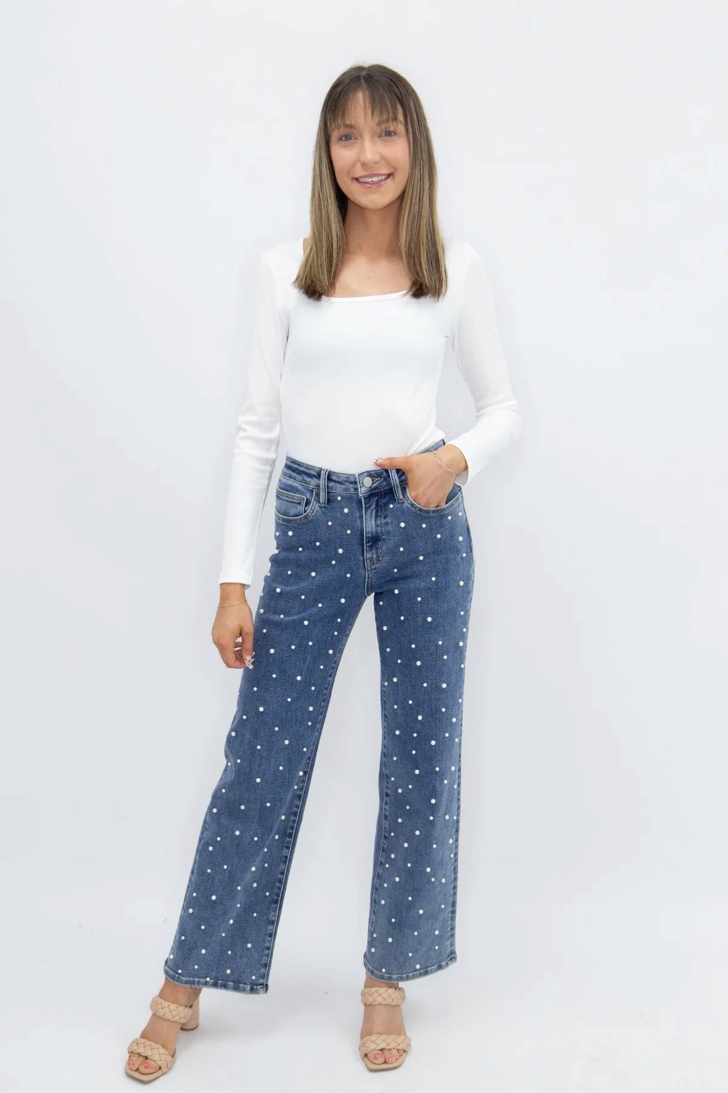 Southern Grace - Pearl Embellished High Rise Wide Leg Jeans