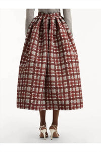 Oscar de la Renta Textured Plaid Printed Circle Skirt in burgundy - women's skirt - detail view
