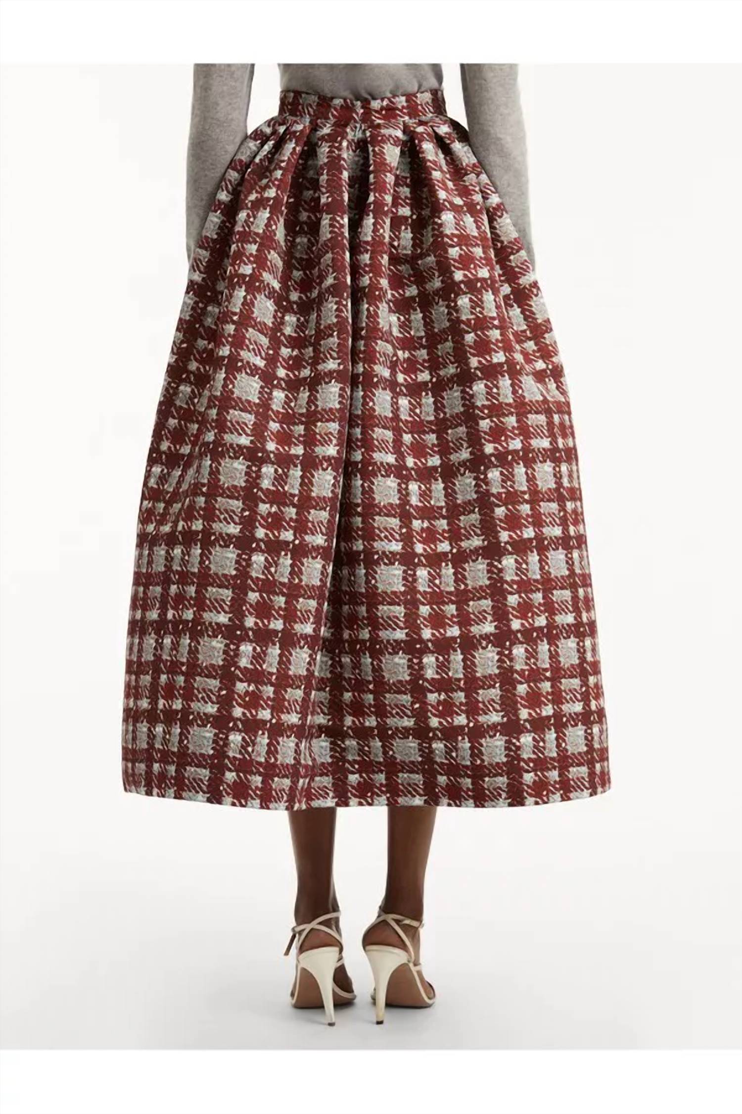 Oscar de la Renta Textured Plaid Printed Circle Skirt in burgundy - women's skirt - detail view