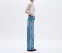 Bayeas - Charlie Floral Embroidery Wide Leg Jeans