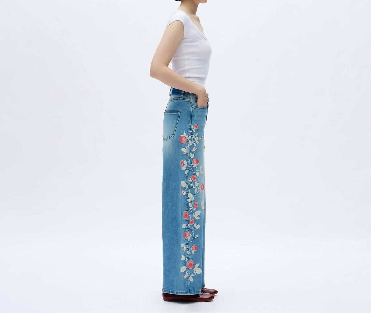 Bayeas - Charlie Floral Embroidery Wide Leg Jeans