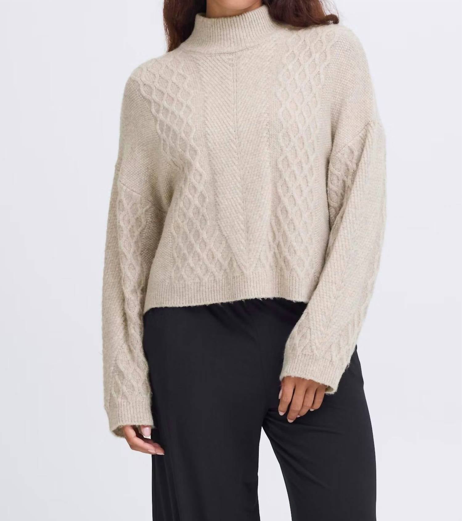 ICHI Ihmylle Mockneck Sweater in oatmeal - women's sweater
