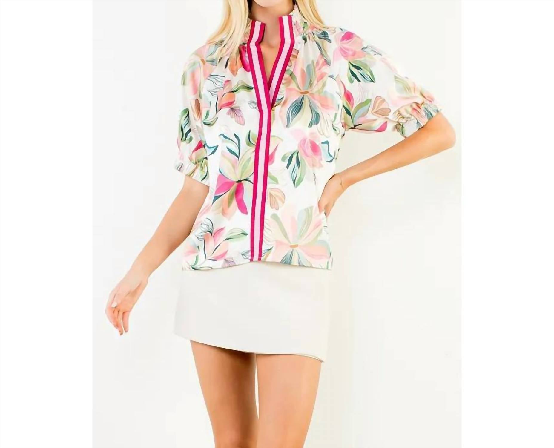 Thml - Floral Satin Short Sleeve Top With Contrast Bands